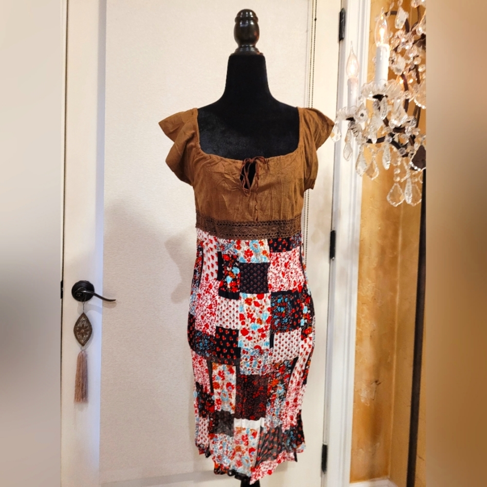 Bohemian Vintage  Peasant Suede, Lace and Gauze Dress. Size Small.